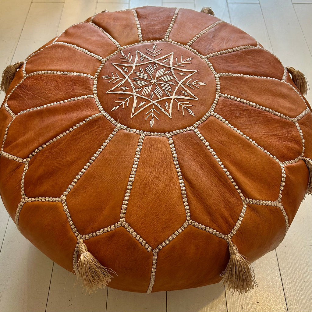 Tasselled Embroidered Moroccan Pouffe - Desert Sand