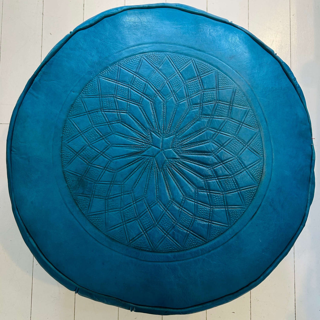 Embossed Moroccan Pouffe - Aqua Large - Mashi Moosh