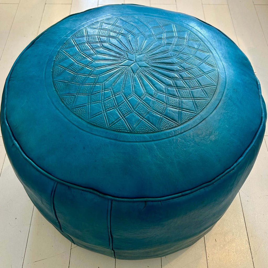 Embossed Moroccan Pouffe - Aqua Large - Mashi Moosh