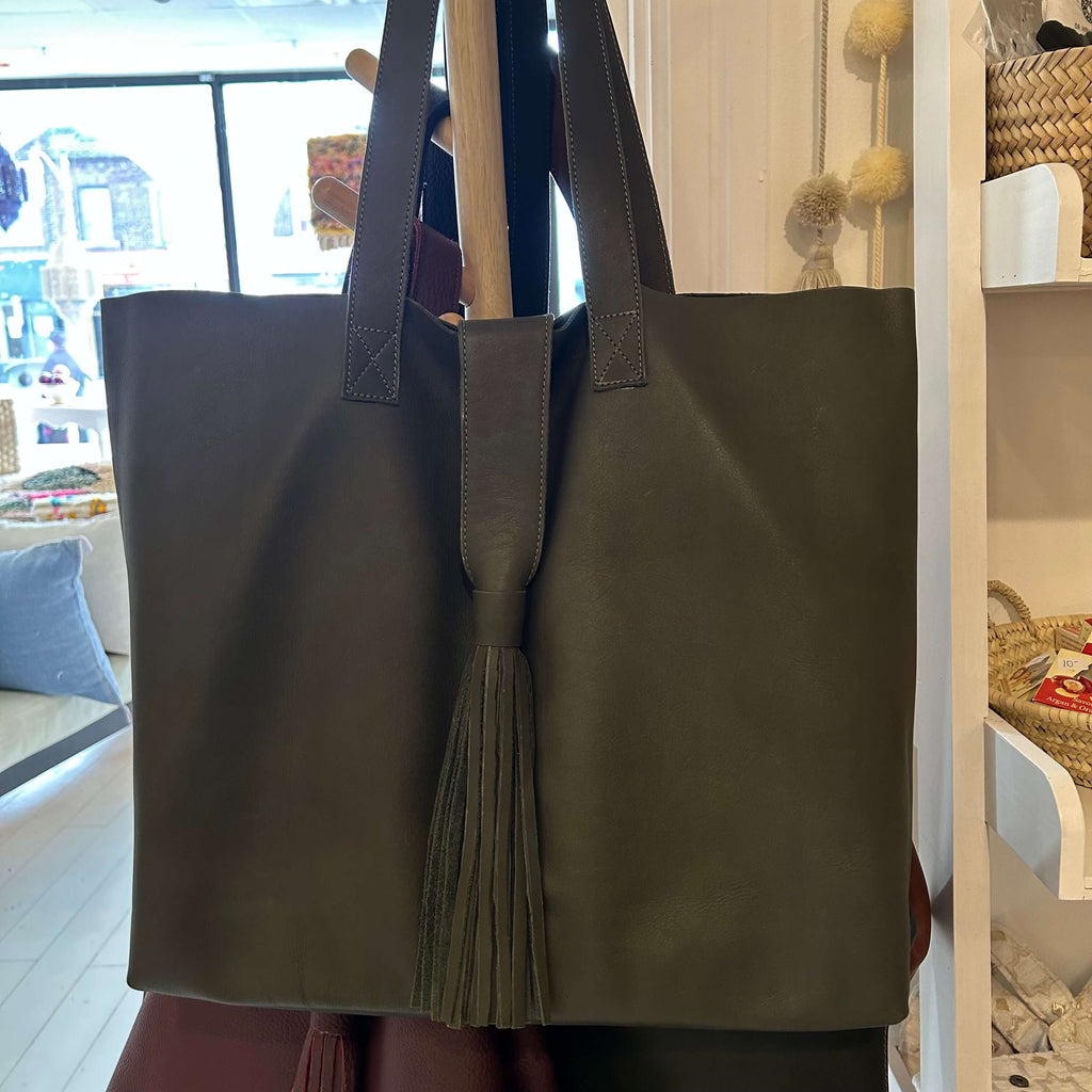 Leather Tote Bag (Olive) - Mashi Moosh