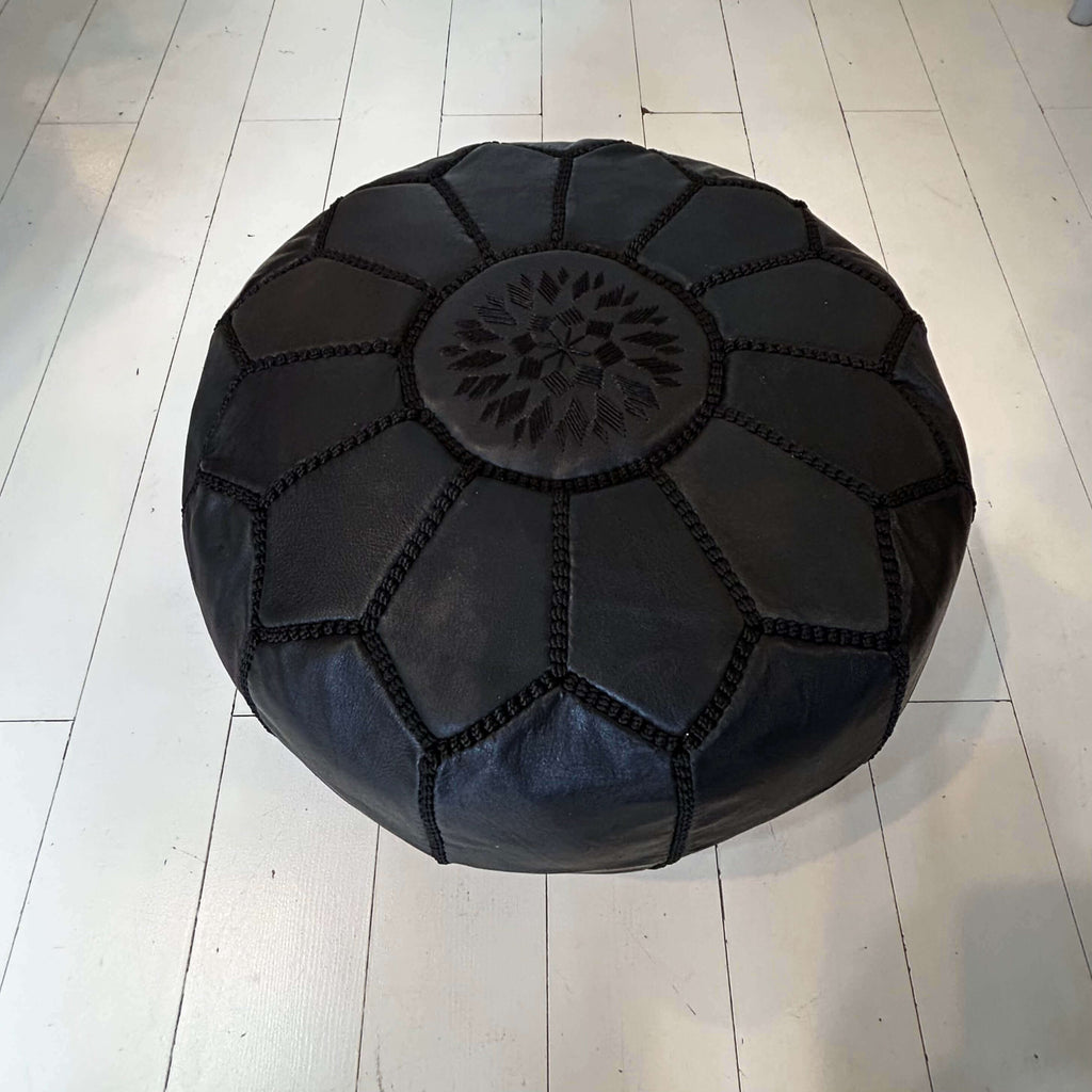 Embroidered Moroccan Pouffe (Mini) w/Dark Thread - Midnight - Mashi Moosh