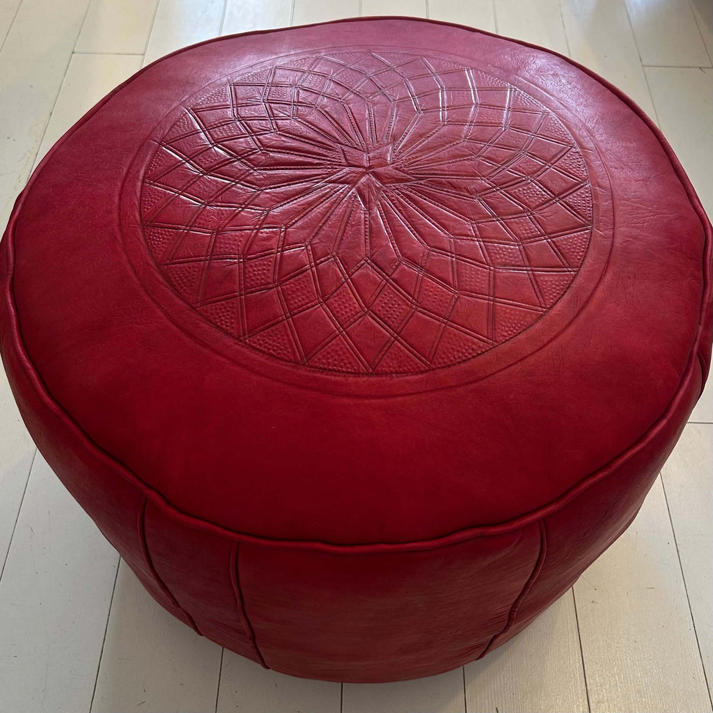 Embossed Moroccan Pouffe - Berry Red Large - Mashi Moosh