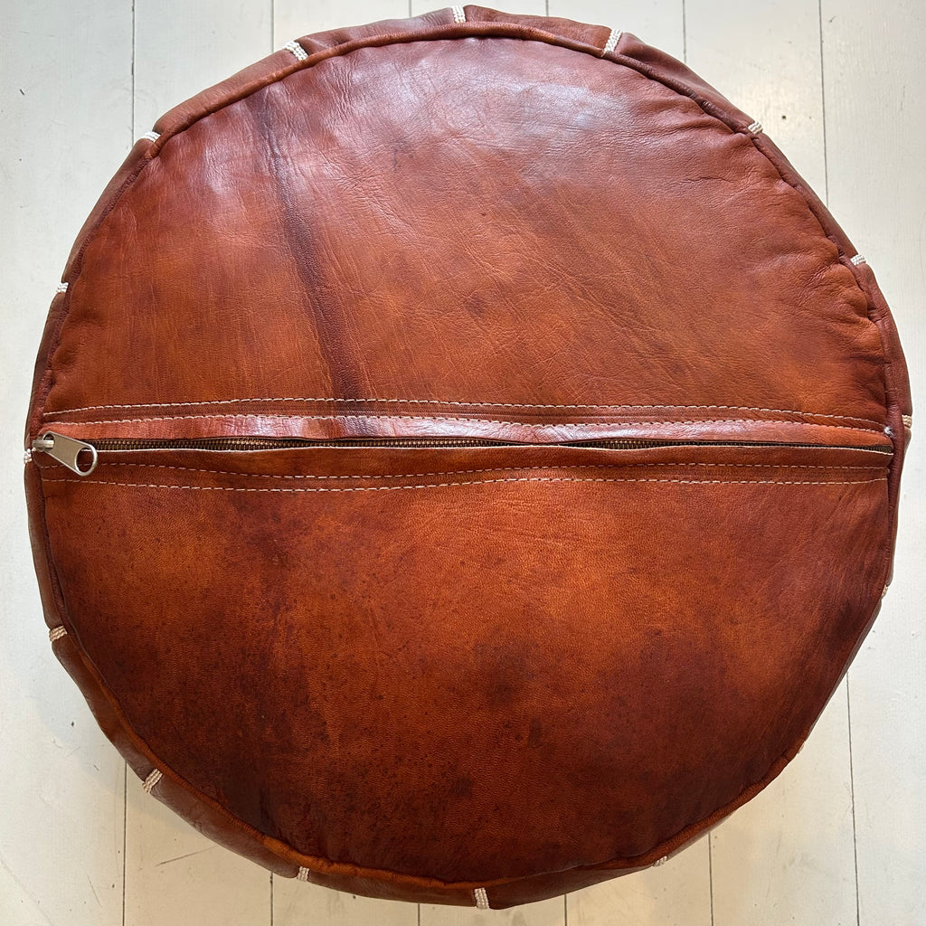 Intricate Embroidered Moroccan Pouffe - Cognac
