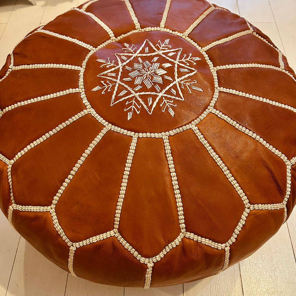 Embroidered Moroccan Pouffe - Caramel