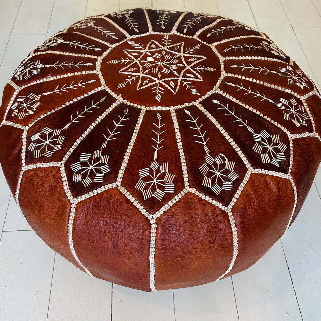 Intricate Embroidered Moroccan Pouffe - Cognac