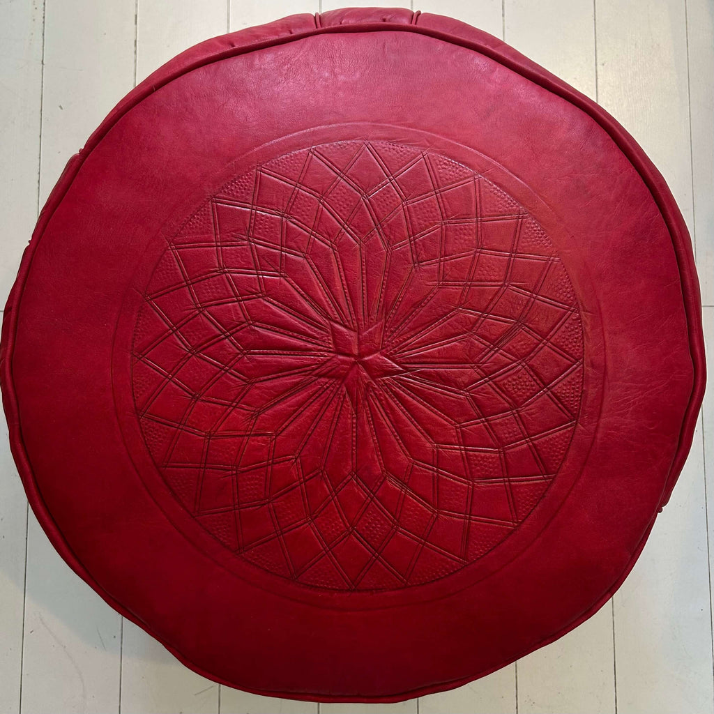 Embossed Moroccan Pouffe - Berry Red Large - Mashi Moosh