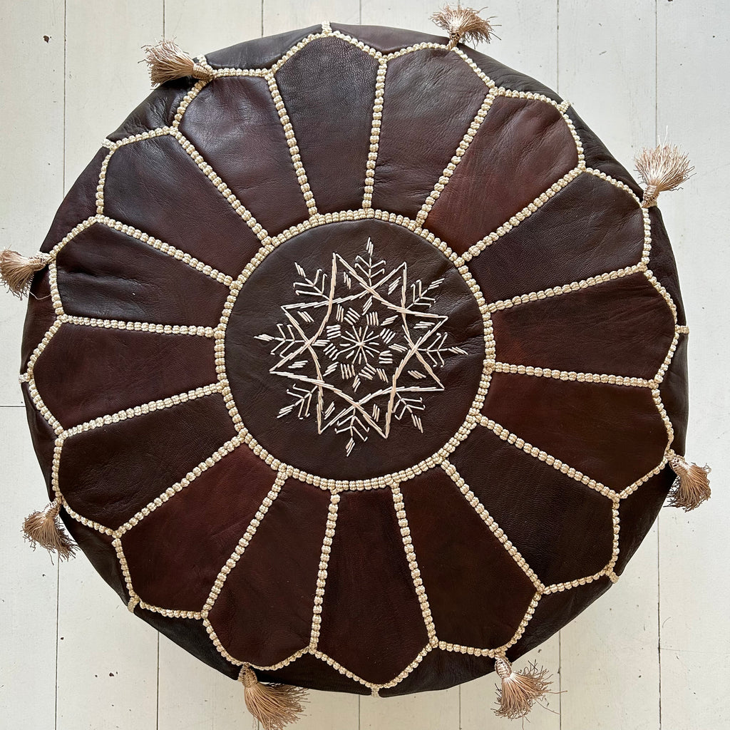 Tasselled Embroidered Moroccan Pouffe - Espresso