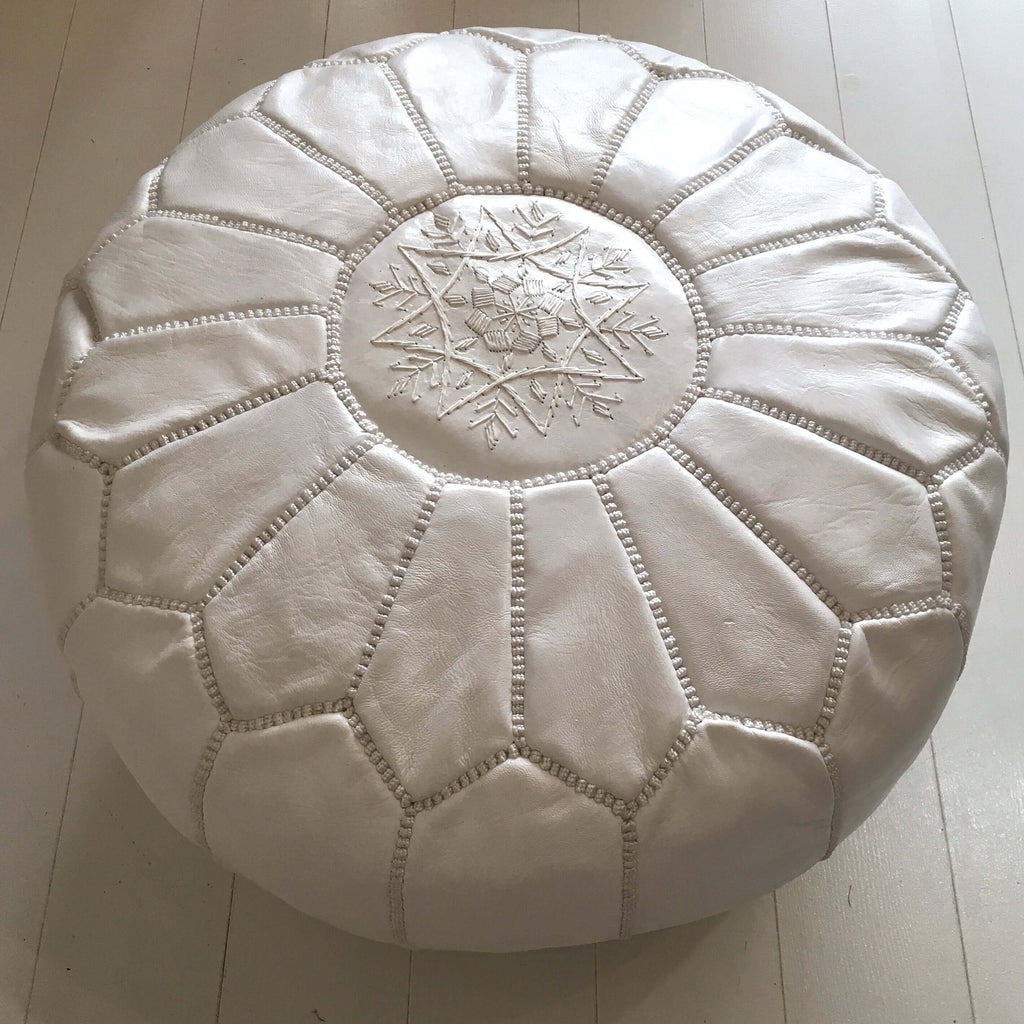 Embroidered Pouffe - White Pouffe - Mashi Moosh