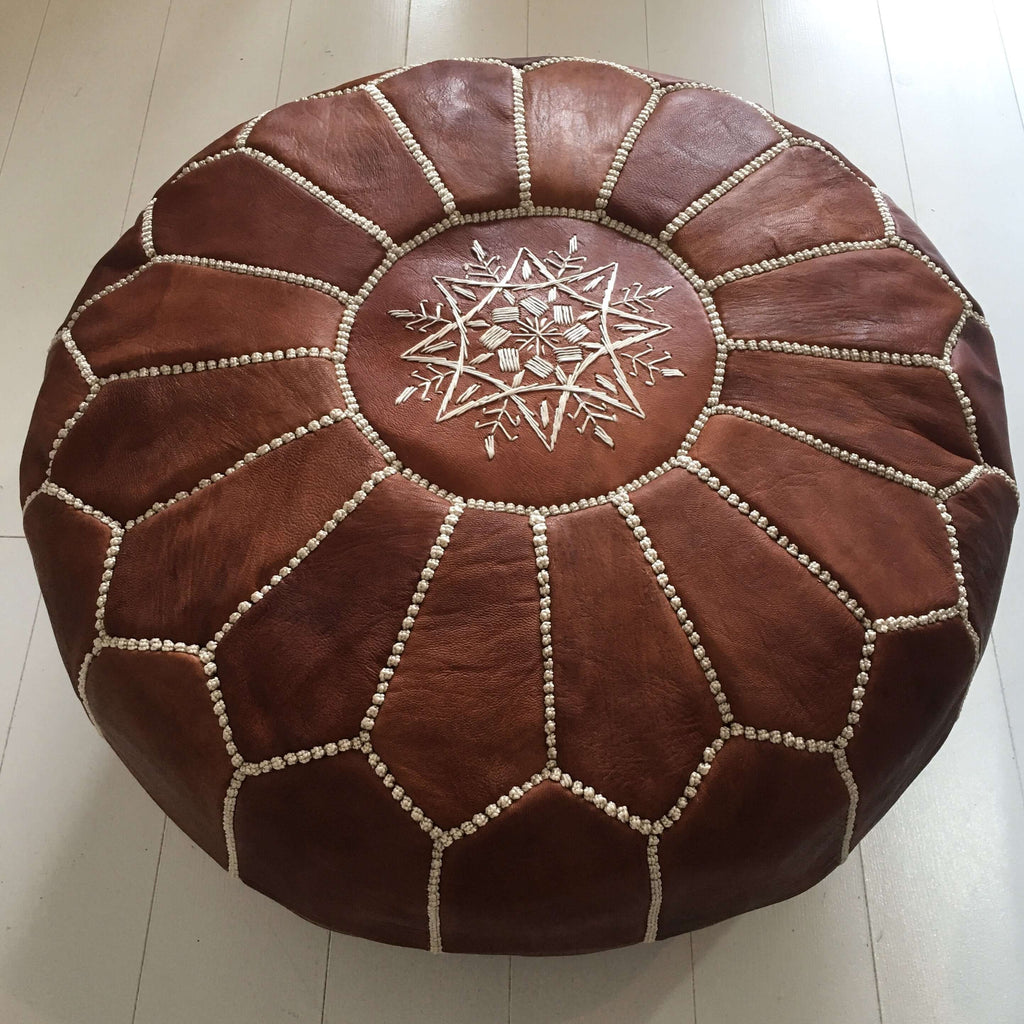 Embroidered Pouffe - Cognac Pouffe - Mashi Moosh