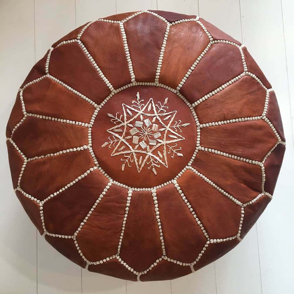 Embroidered Pouffe - Cognac - Mashi Moosh