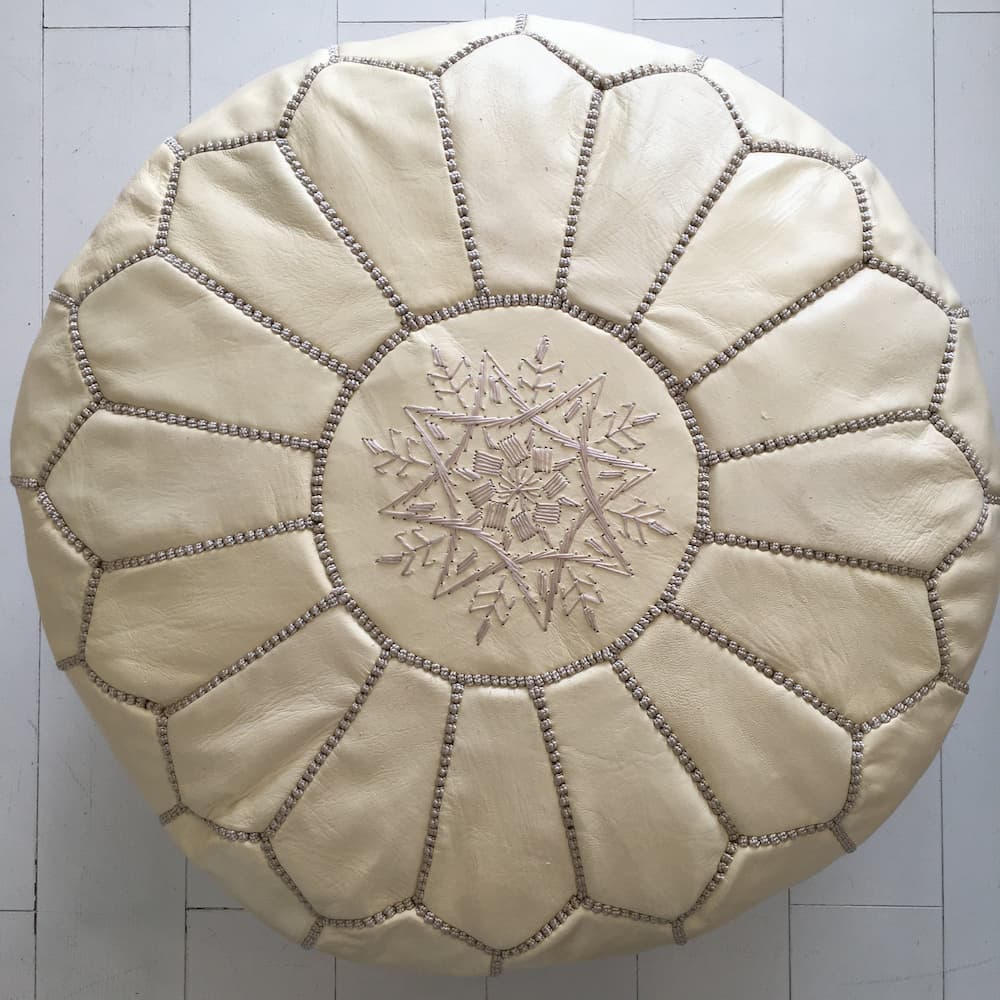 Moroccan Pouffe - Embroidered Pouffe - Cream