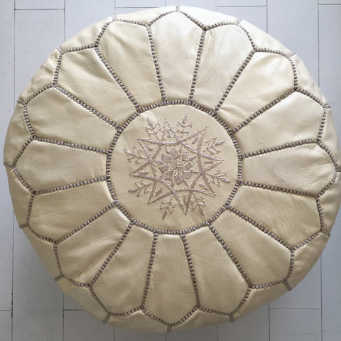 Moroccan Pouffe - Embroidered Pouffe - Cream