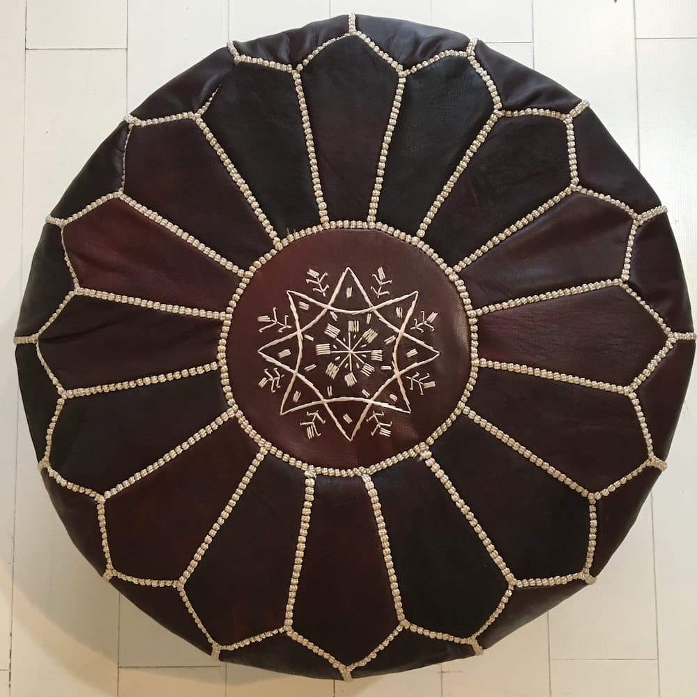 Moroccan Pouf - Embroidered Pouffe - Espresso