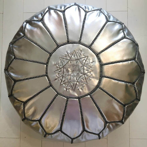 Moroccan Pouf - Embroidered Pouffe - Silver (grey thread)