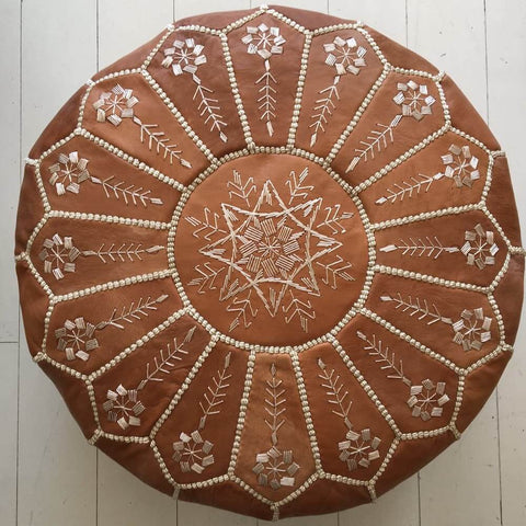 Moroccan Pouffe - Intricate Embroidered Pouffe - Desert Sand