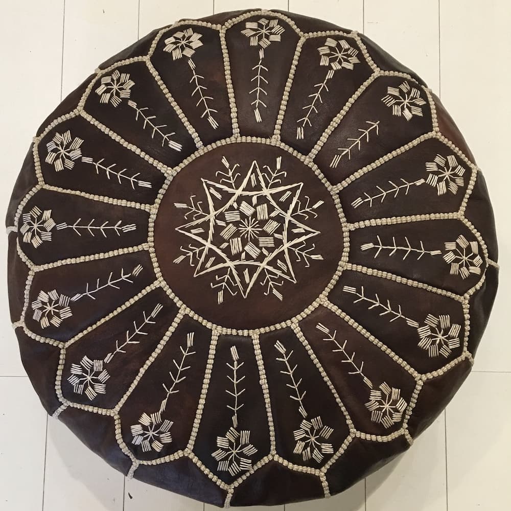 Moroccan Pouffe - Intricate Embroidered Pouffe - Espresso