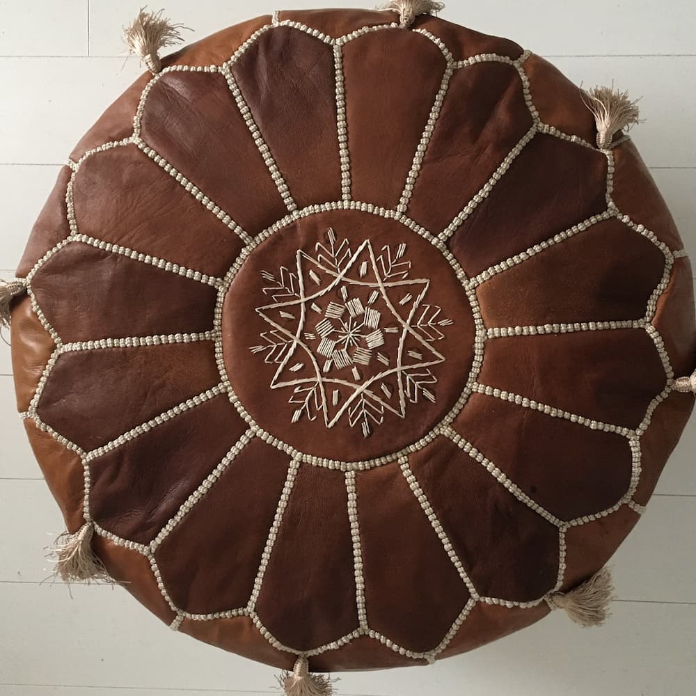 Moroccan Pouf - Tasselled Embroidered Pouffe - Cognac