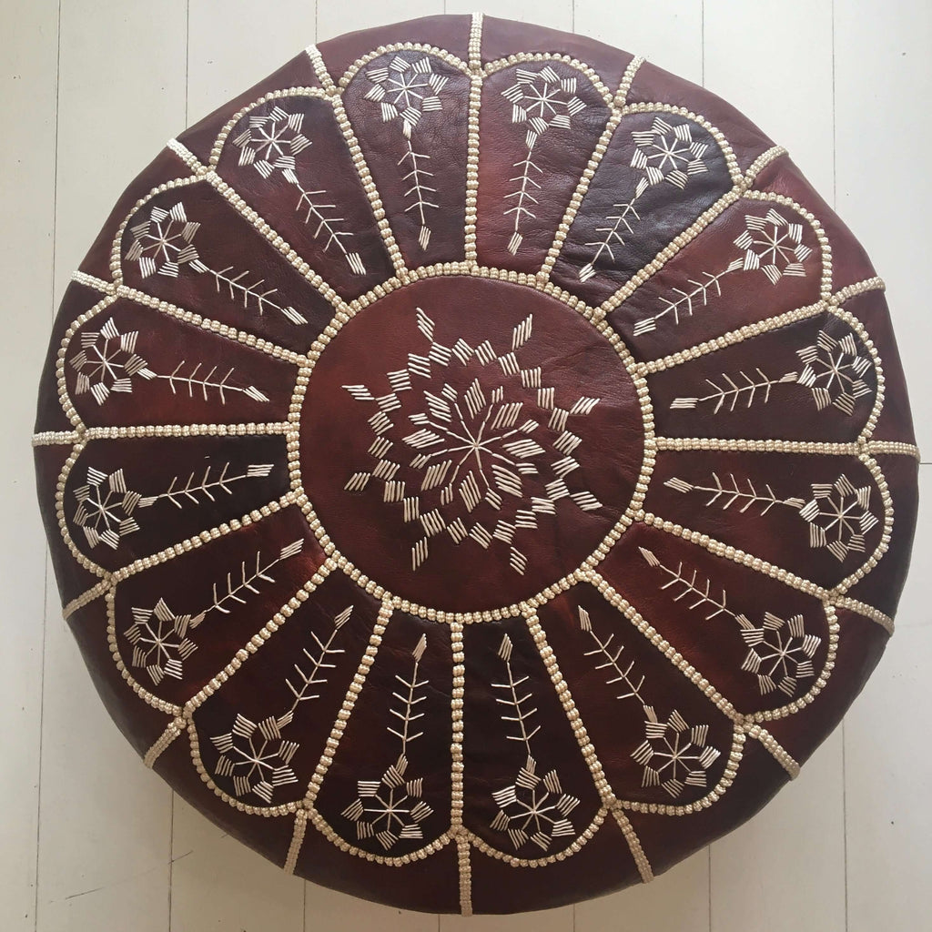 Fancy Embroidered Moroccan Pouffe - Cognac Pouffe - Mashi Moosh
