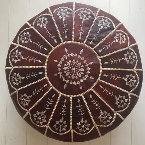 Fancy Embroidered Moroccan Pouffe - Cognac Pouffe - Mashi Moosh