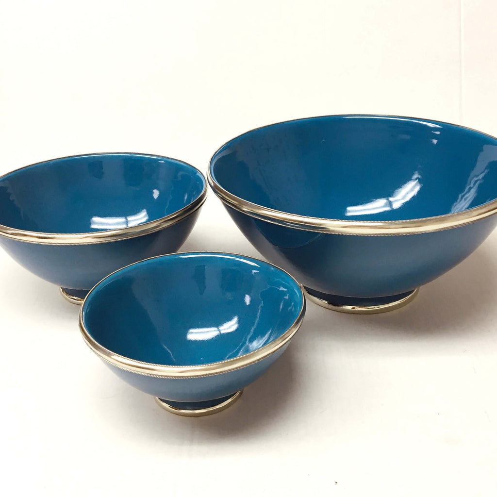 Silver Rimmed Serving Bowl - Petrol Blue Bowl - Mashi Moosh