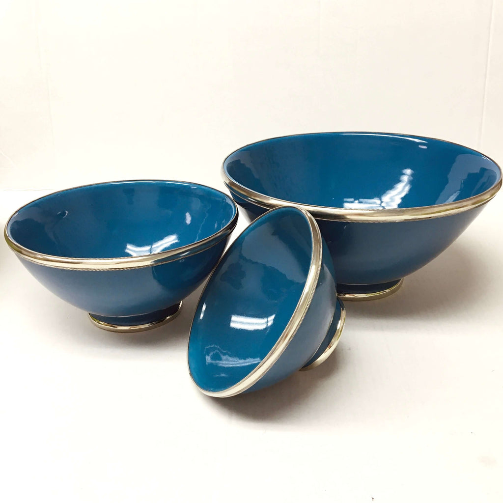 Silver Rimmed Serving Bowl - Petrol Blue Bowl - Mashi Moosh