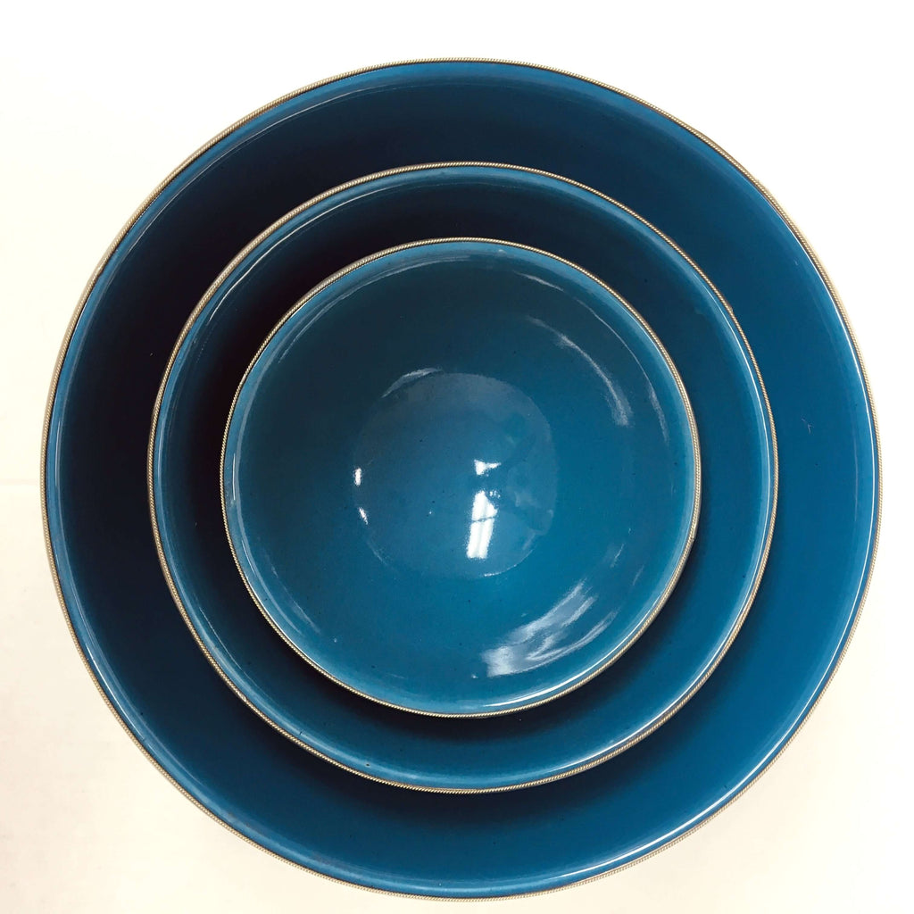 Silver Rimmed Serving Bowl - Petrol Blue Bowl - Mashi Moosh