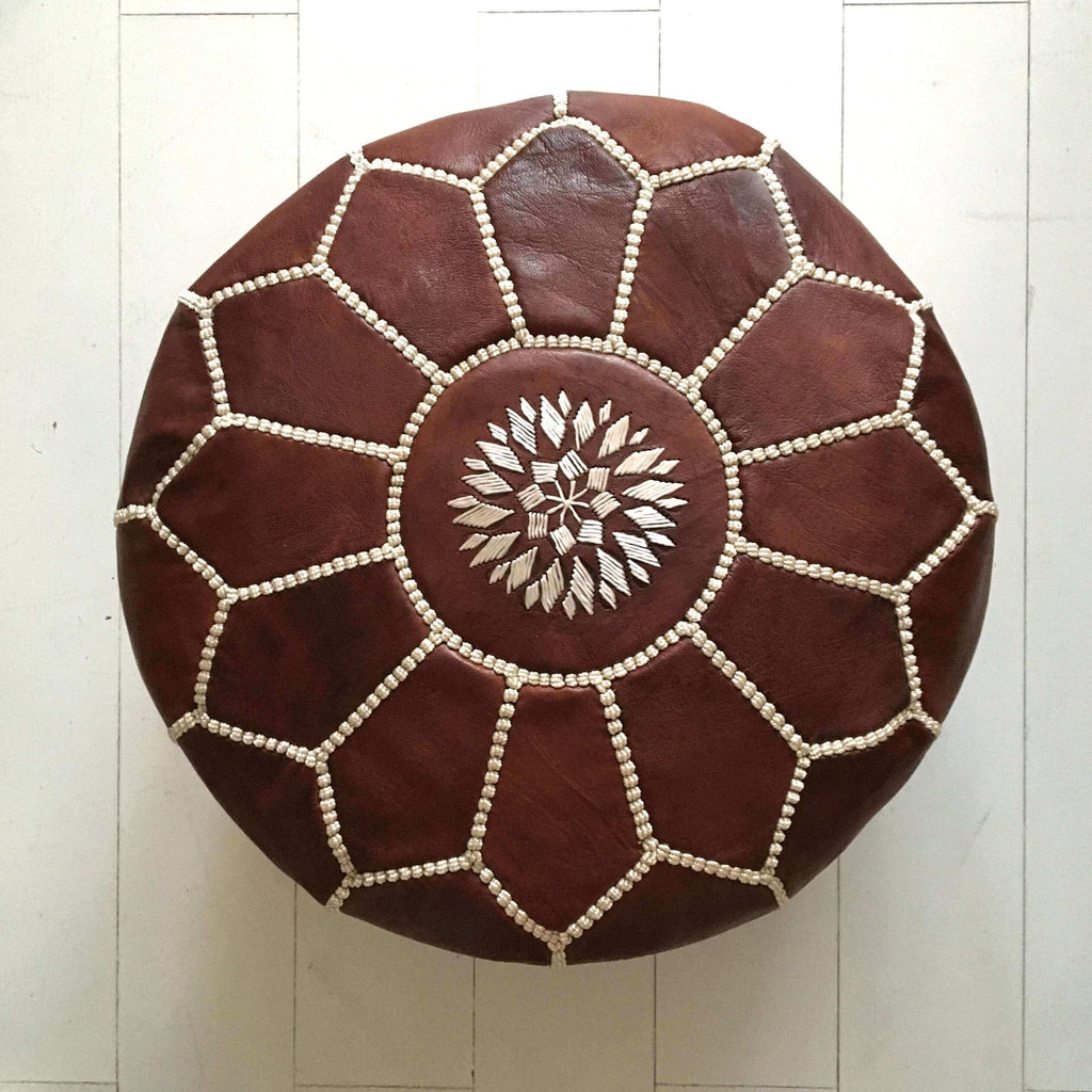 Embroidered Moroccan Pouffe (Mini) - Cognac - Mashi Moosh