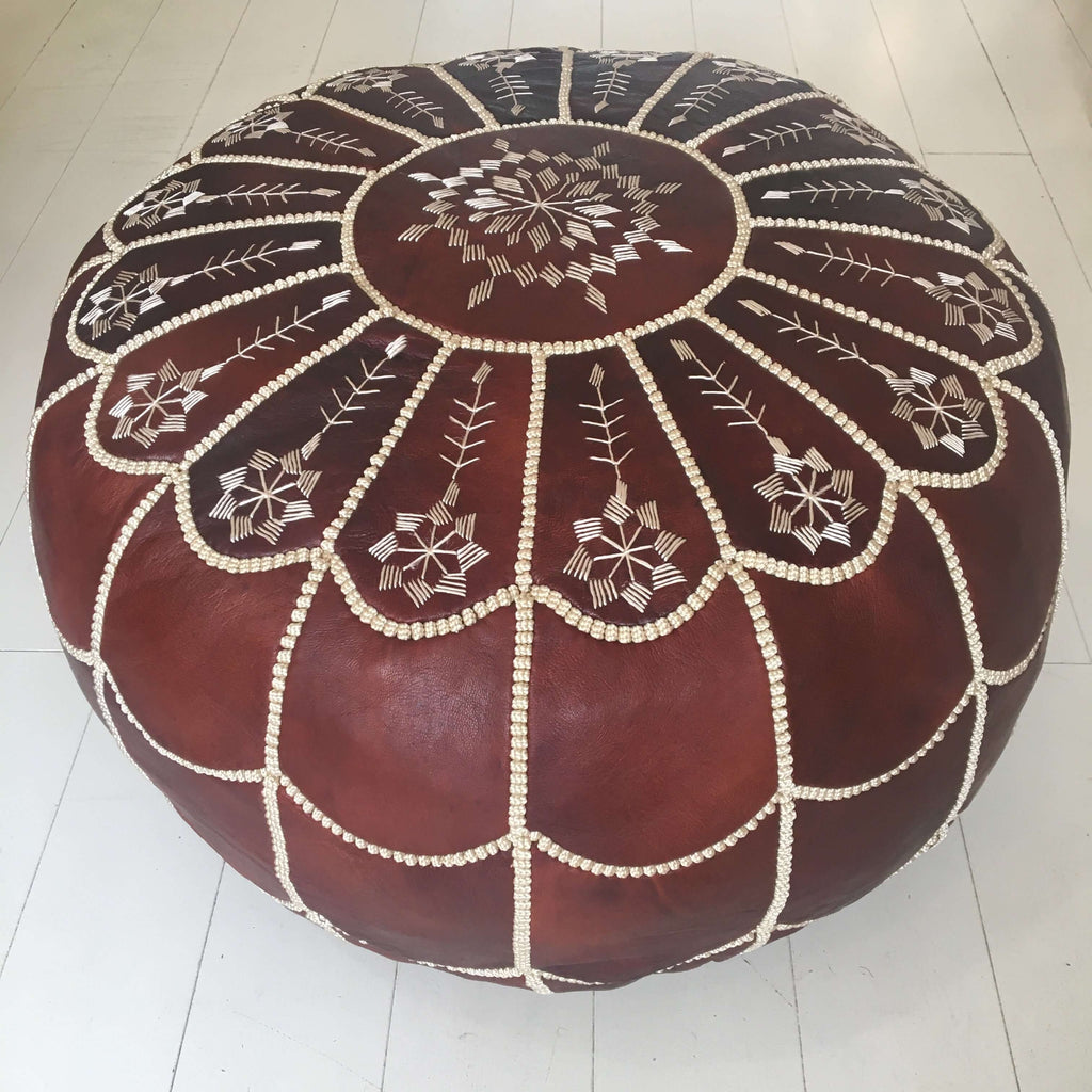 Fancy Embroidered Moroccan Pouffe - Cognac Pouffe - Mashi Moosh