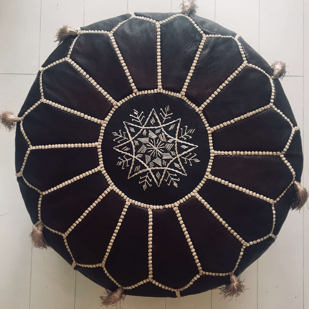 Tasselled Embroidered Moroccan Pouffe - Espresso Pouffe - Mashi Moosh