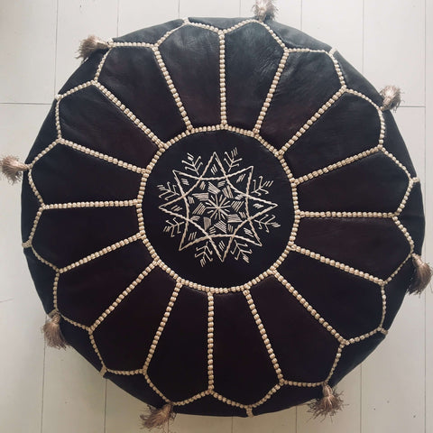 Tasselled Embroidered Moroccan Pouffe - Espresso Pouffe - Mashi Moosh