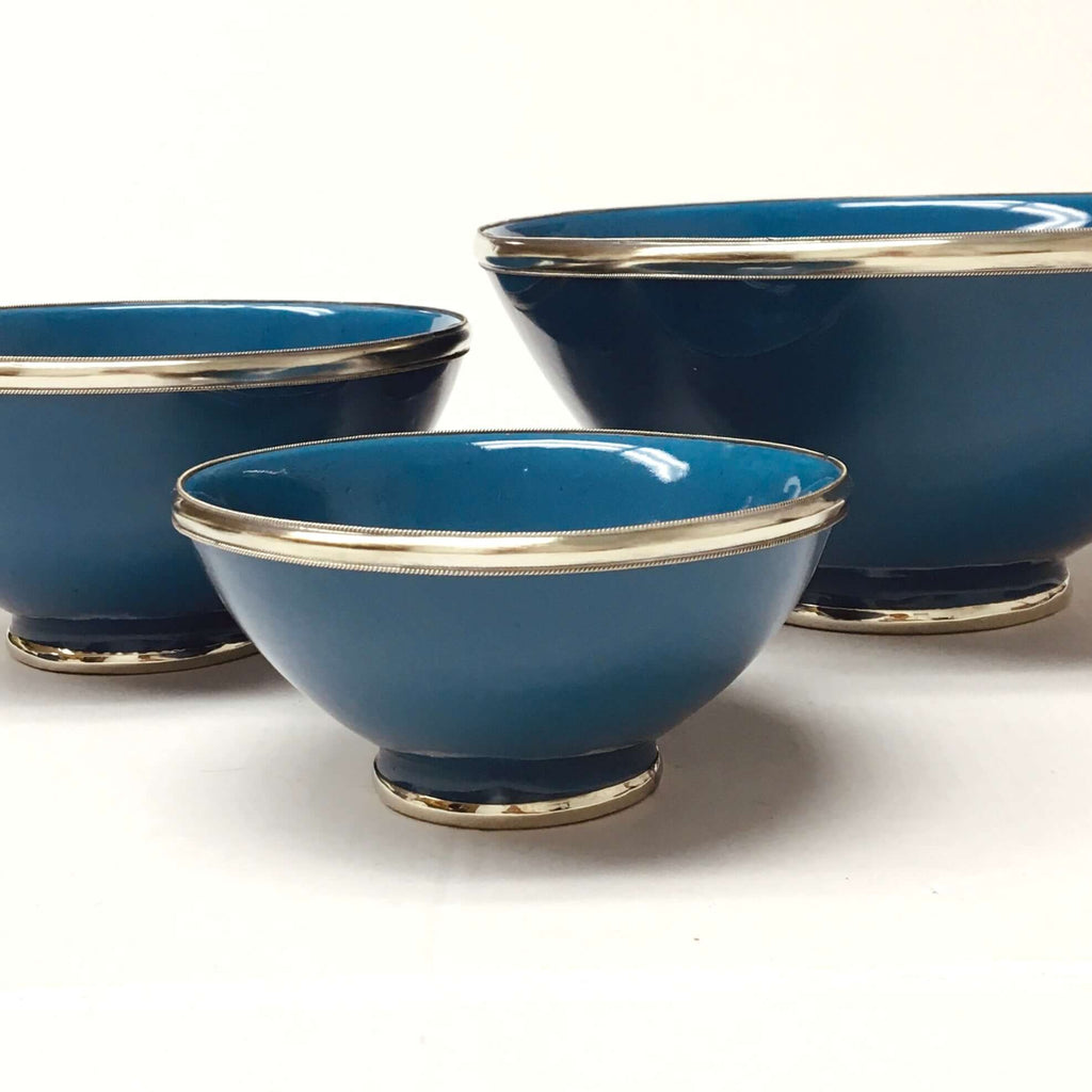 Silver Rimmed Serving Bowl - Petrol Blue Bowl - Mashi Moosh