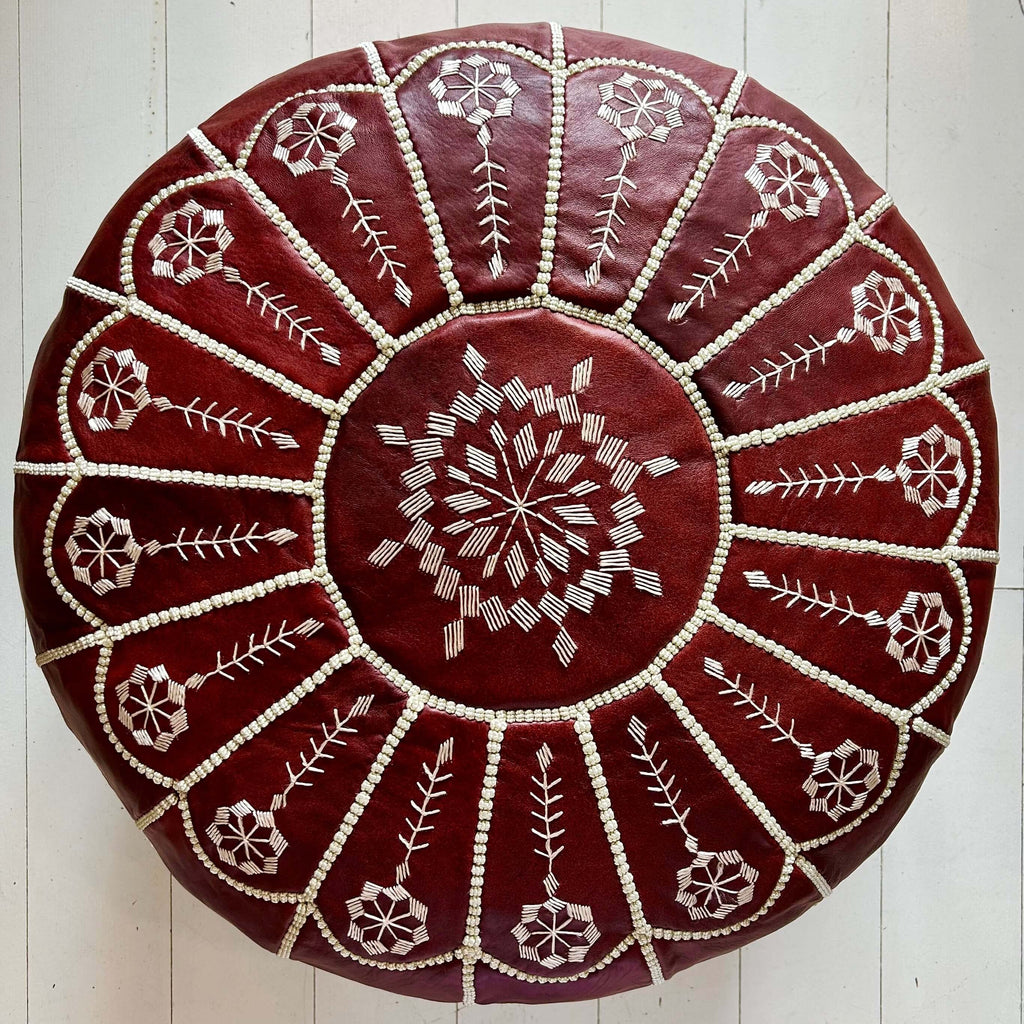 Fancy Embroidered Moroccan Pouffe - Mahogany