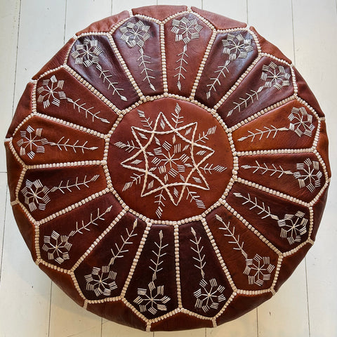 Intricate Embroidered Moroccan Pouffe - Cognac