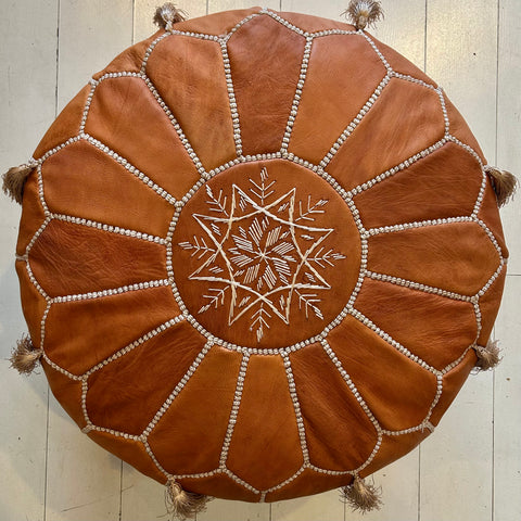 Tasselled Embroidered Moroccan Pouffe - Desert Sand
