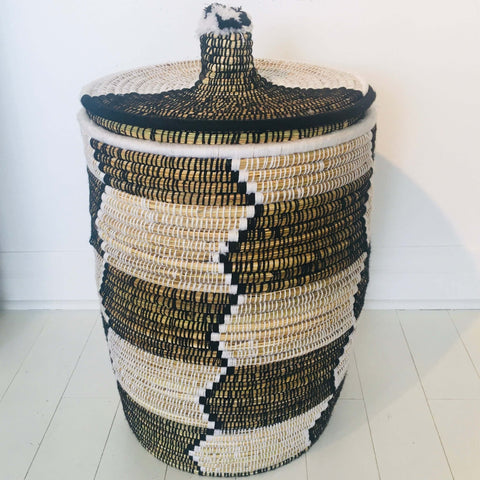 Woven Basket w/Lid (XXL) -Black/Cream - Mashi Moosh