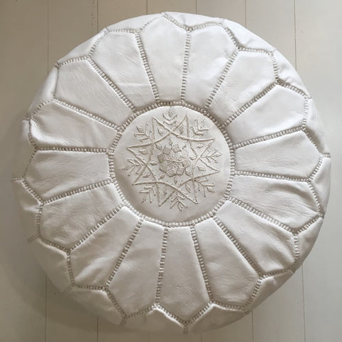 Moroccan Pouf - Embroidered Pouffe - White