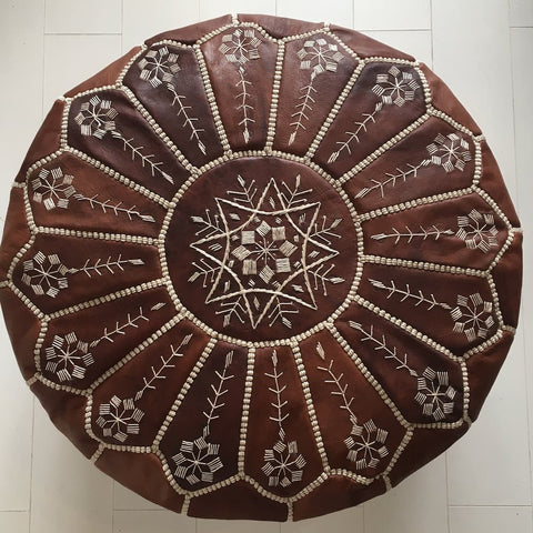 Moroccan Pouf - Intricate Embroidered Pouffe - Cognac