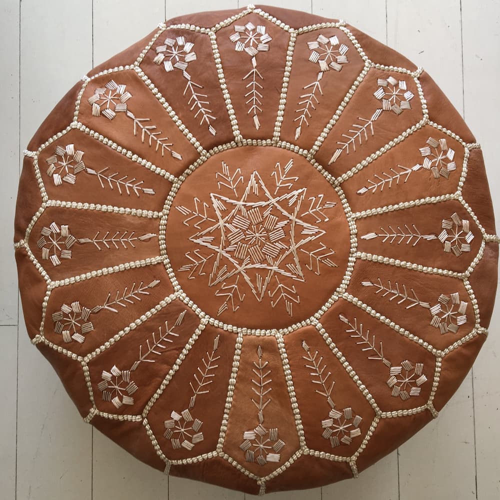 Moroccan Pouffe - Intricate Embroidered Pouffe - Desert Sand