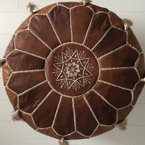 Moroccan Pouf - Tasselled Embroidered Pouffe - Cognac