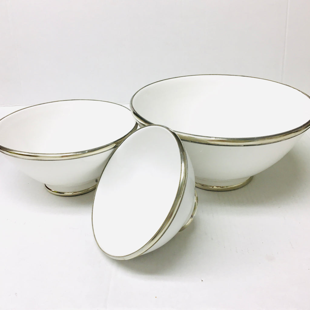 Silver Rimmed Serving Bowl - White Bowl - Mashi Moosh